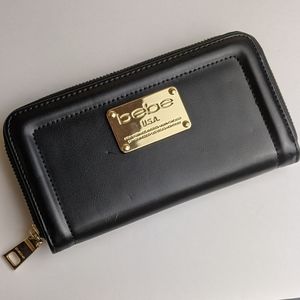 Bebe Black & Gold Zip Around Wallet